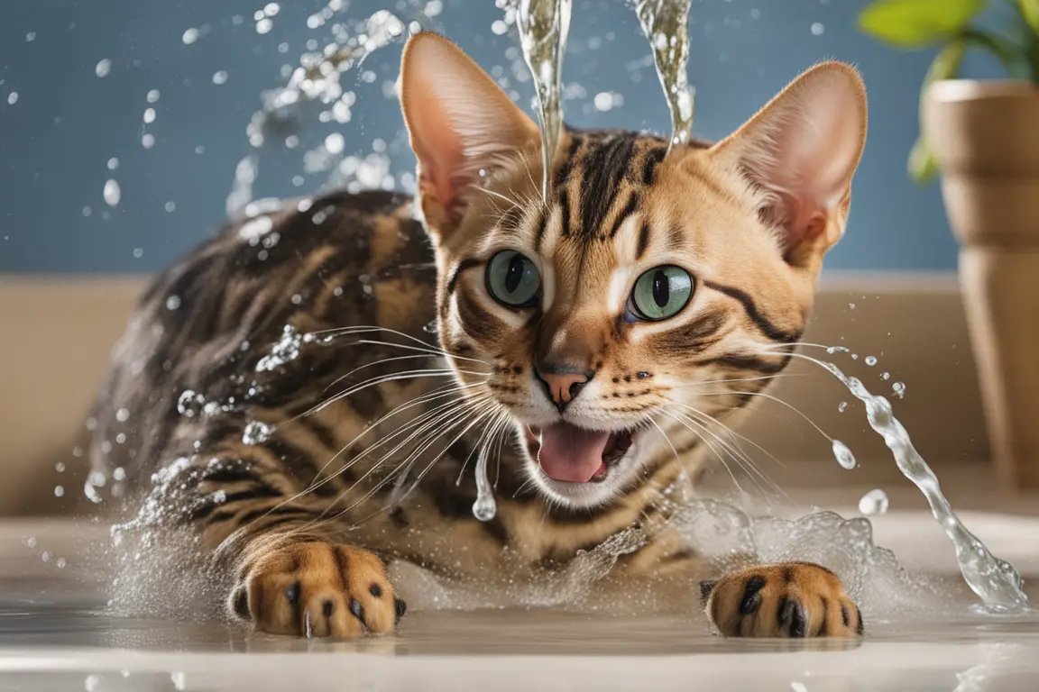 Bengal cat playing with water