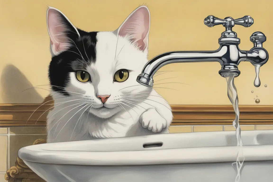 Japanese Bobtail cat drinking from a faucet
