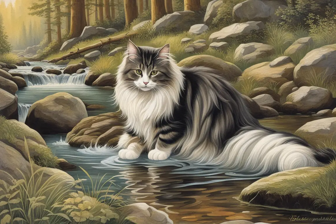 Norwegian Forest Cat drinking from a stream