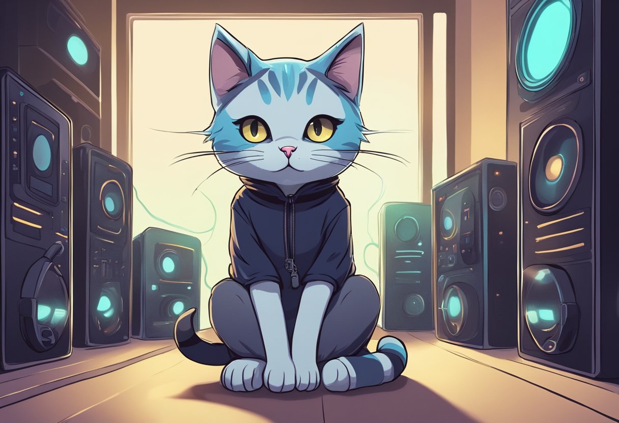 A digital emo cat sitting alone in a dark room, surrounded by glowing screens and headphones, with a moody expression on its face