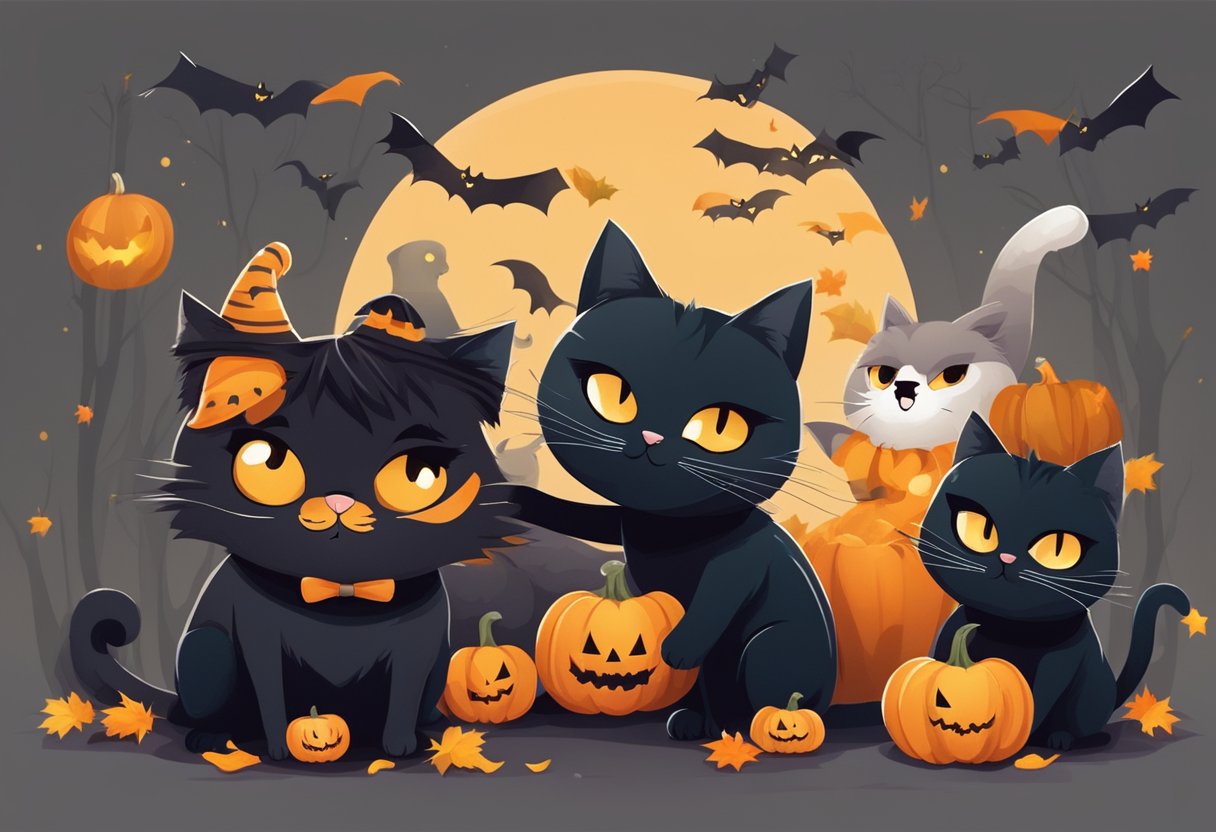 Emo cats celebrating Halloween with dark costumes and spooky decorations