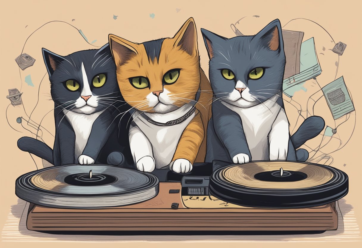 Emo cats wearing band t-shirts and eyeliner, surrounded by vinyl records and vintage posters, expressing their angst through music and poetry
