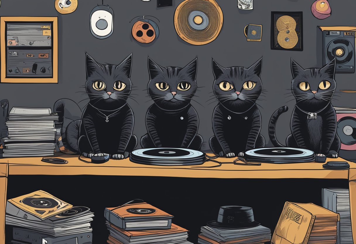 Emo cats wearing dark clothing, sitting in a dimly lit room, surrounded by vinyl records and posters of punk bands