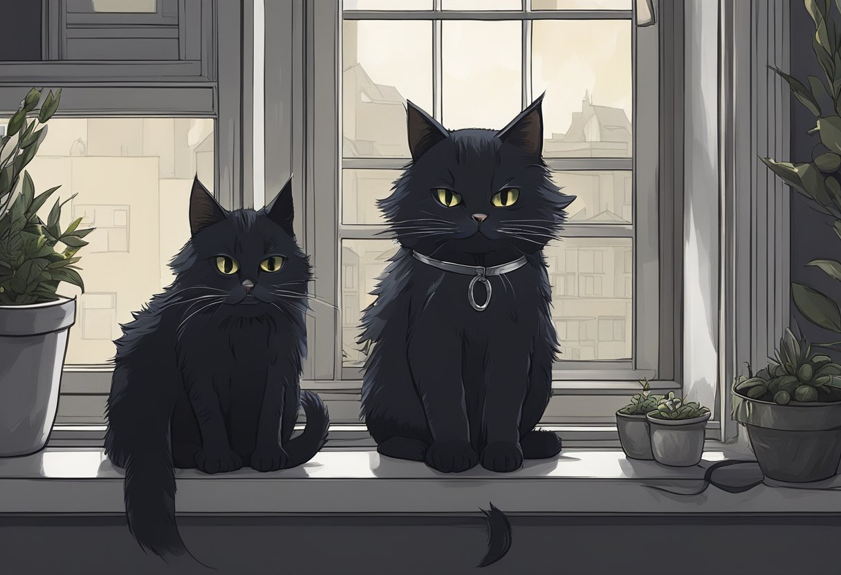 Two emo cats with spiked collars and brooding expressions sit on a windowsill, surrounded by dark, moody decor