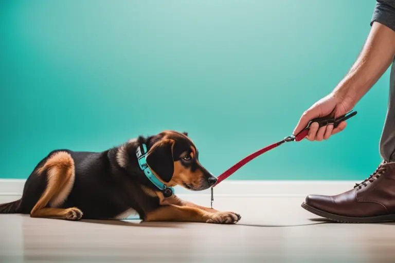 A dog sniffing and inspecting a leash