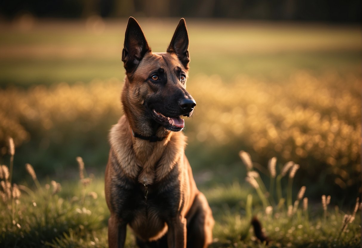 A Belgian Malinois stands tall, with a lean and muscular body, pointed ears, and a short, dense coat in shades of fawn and mahogany