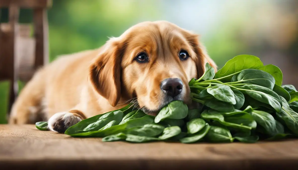 Image depicting a dog eating spinach with its nutritional benefits represented in the background.