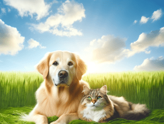 dog and cat laying in field