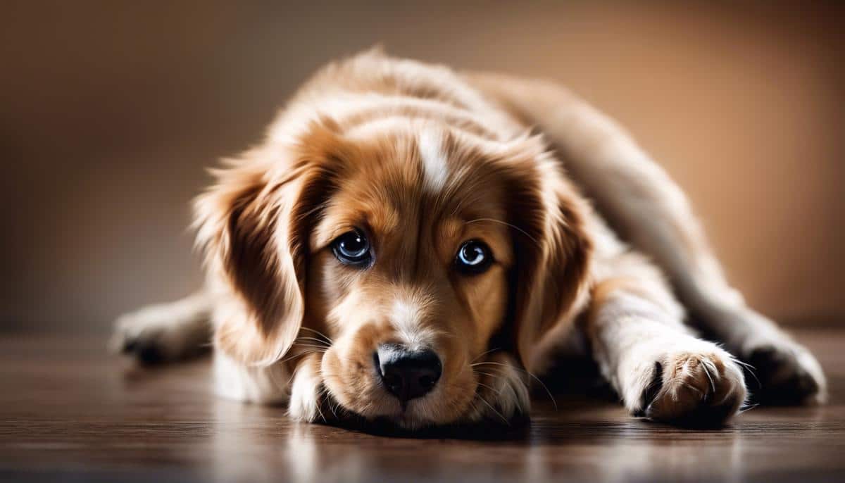 An image of a dog with its paw on a veterinary sign, indicating the need for a vet visit.