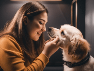 A dog enjoying a grooming session with its owner