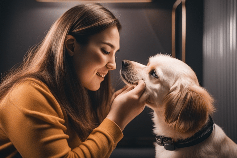 A dog enjoying a grooming session with its owner