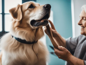 Image of an older dog being groomed or receiving affection from its owner