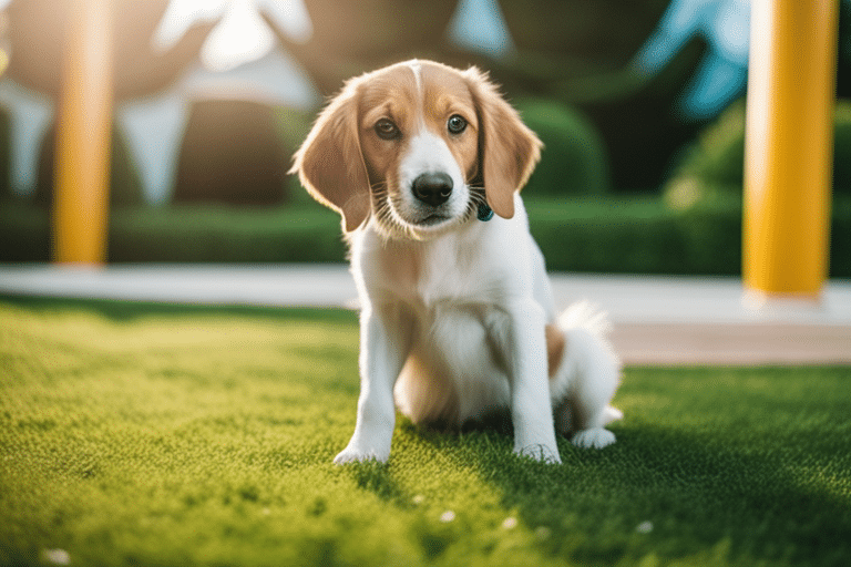 A photo of a dog eating grass in a backyard