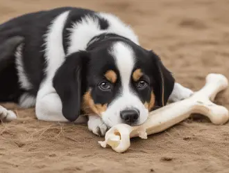 a photo image of a dog chewing on a bone