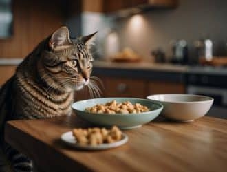 A cat is throwing up food, with a concerned owner nearby offering aftercare and recovery support