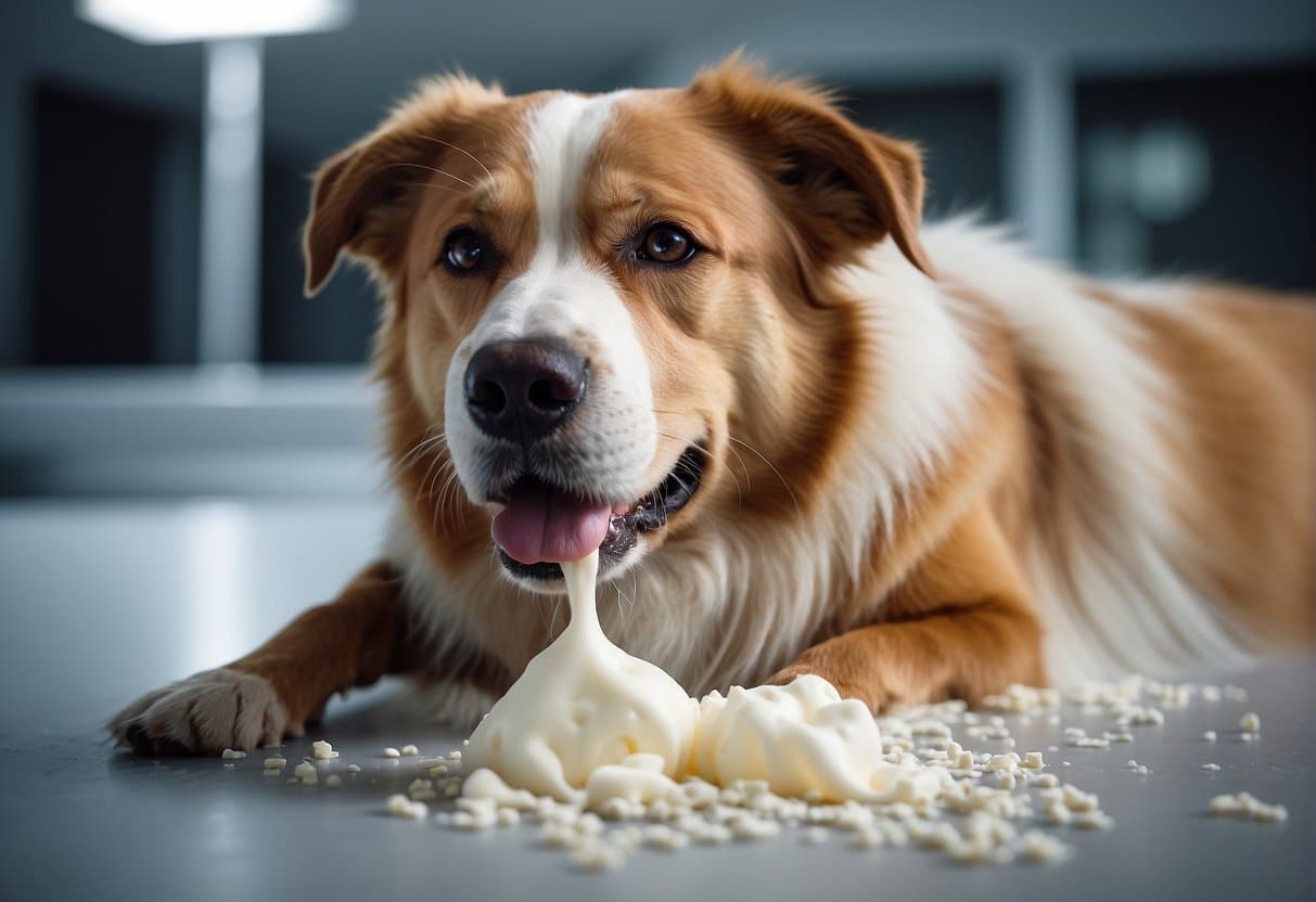 A dog with white foamy vomit, vet examining for underlying cause