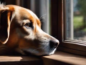 Image depicting a dog cautiously looking outside a window with a worried expression