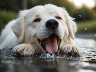 A white dog is vomiting foamy liquid