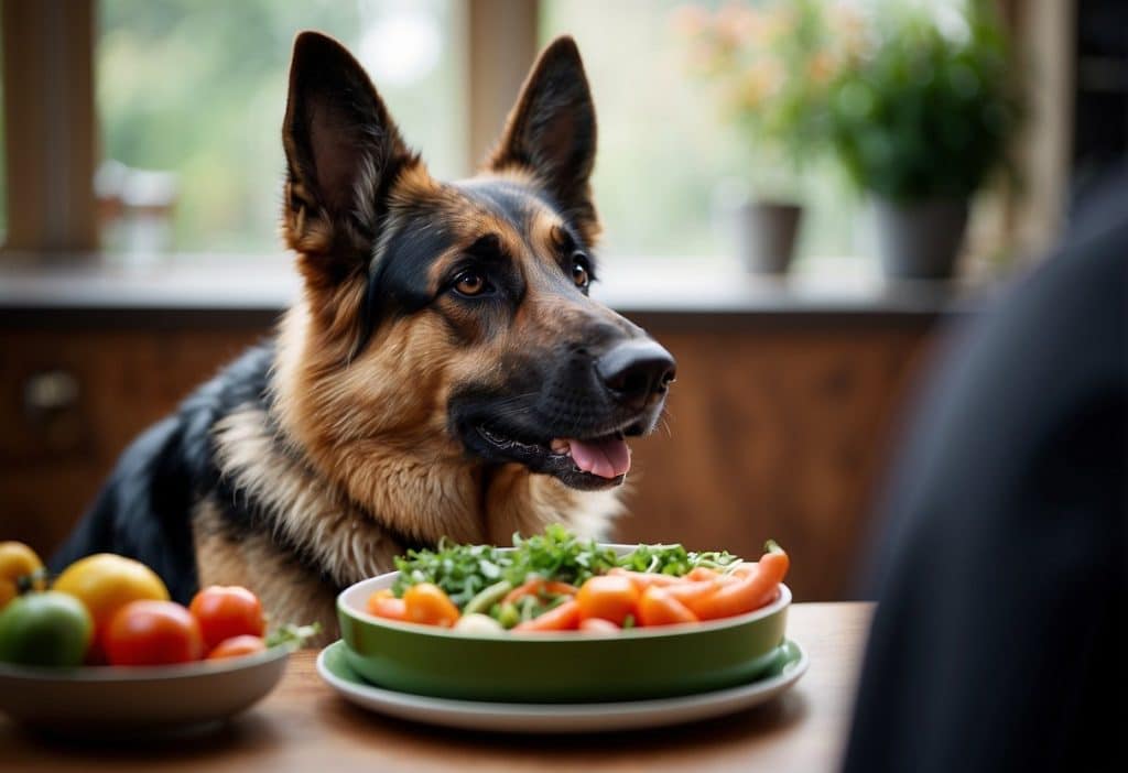 German Shepherd with veggies