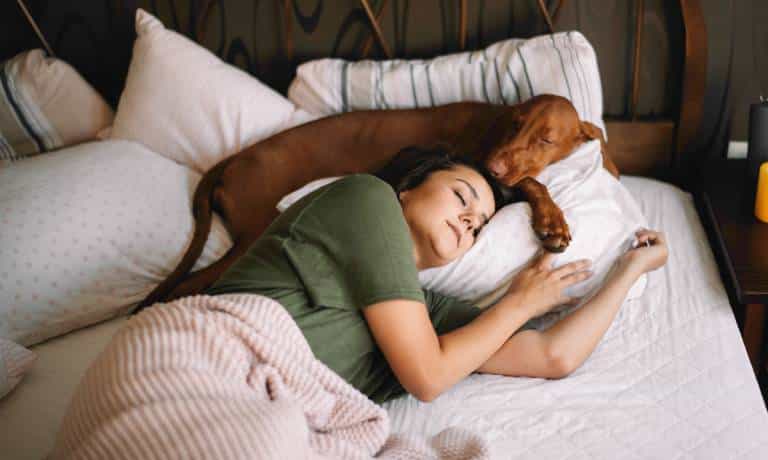 A woman in a green shirt and a brown dog sleeping in the same bed and using the same white pillow.